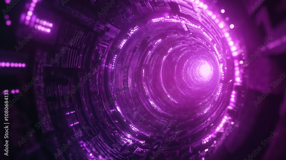 Fototapeta premium Futuristic Neon Glowing Purple Portal with Mechanical Details on Dark Background, Concept for Time Travel and Sci-Fi Themes
