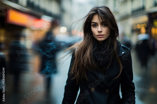 Elegant French Woman in Dark Academia on Rainy Paris Street