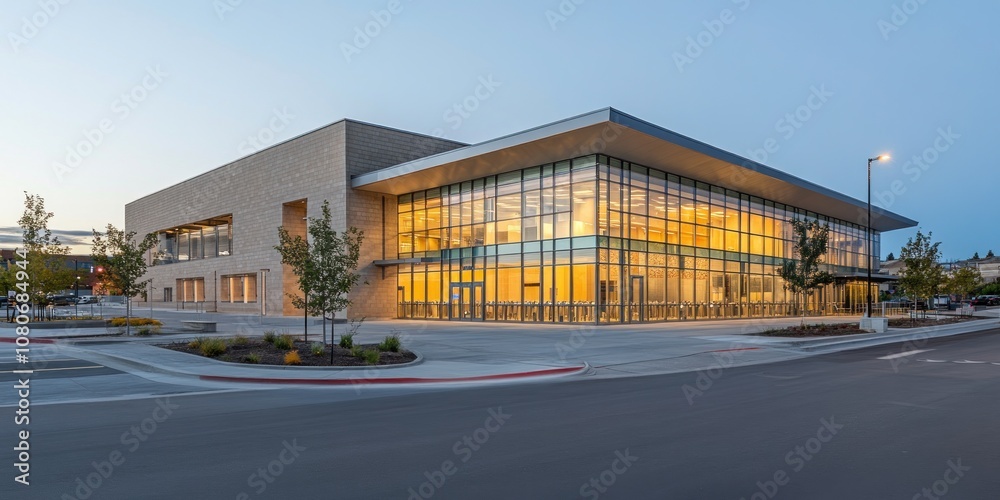 Modern building with large glass windows, designed for community use and events. Modern building with large glass windows, designed for community use and events.