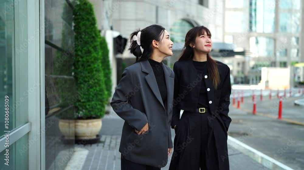 Two young Asian businesswomen outside their company with a skyscraper in the background. Two young Asian businesswomen outside their company with a skyscraper in the background.