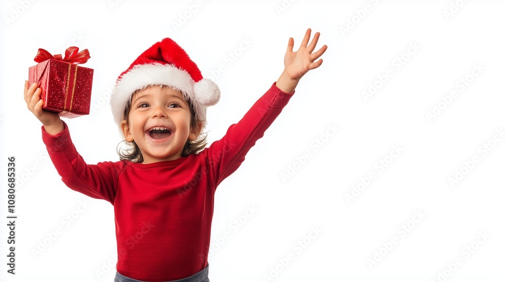 Cheerful Child Wearing a Santa Hat and Holding a Gift with Joyful Expression Against a White Background for Holiday-Themed Celebrations Cheerful Child Wearing a Santa Hat and Holding a Gift with Joyful Expression Against a White Background for Holiday-Themed Celebrations