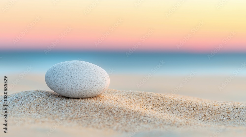 A smooth, white stone rests on golden sand with a blurred ocean and pastel sky in the background, embodying tranquility and simplicity. A smooth, white stone rests on golden sand with a blurred ocean and pastel sky in the background, embodying tranquility and simplicity.