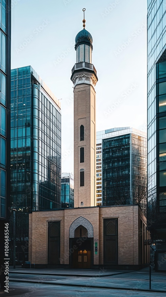 Fototapeta premium A mosque stands amid modern skyscrapers, showcasing architectural contrast and cultural significance.