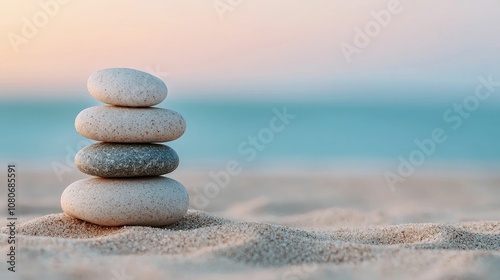 A serene stack of smooth stones resting on sandy beach, with soft waves and a calm ocean in the background.