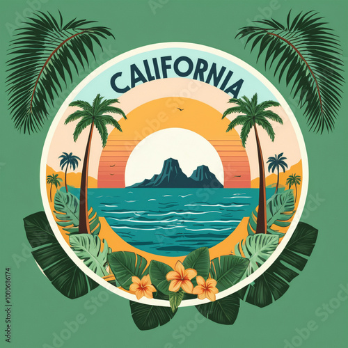 California Slogan on Palm Tree and Tropical Leaves in Circle Shape