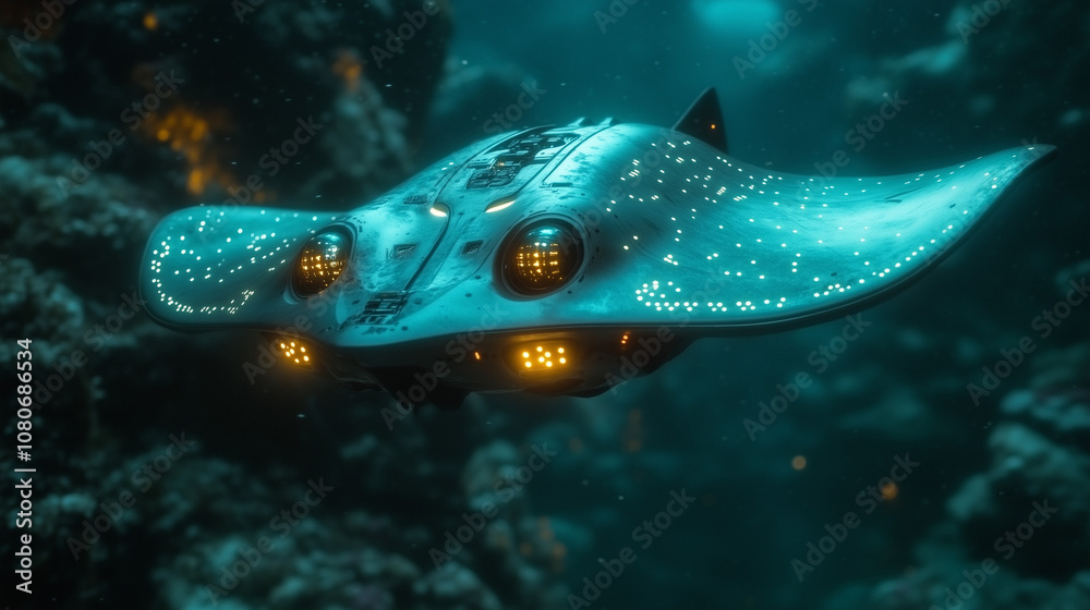 Underwater Robotic Manta Ray with Glowing Lights and Futuristic Design Underwater Robotic Manta Ray with Glowing Lights and Futuristic Design