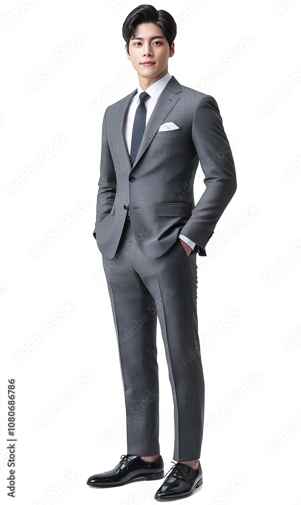 Korean man wearing gray suit confident full body isolated background Generative AI Korean man wearing gray suit confident full body isolated background Generative AI