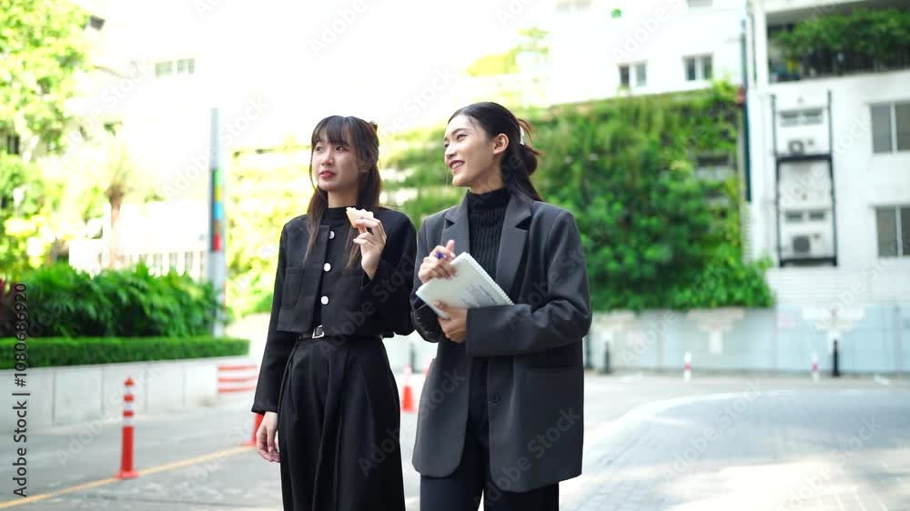 Two young Asian businesswomen outside their company with a skyscraper in the background. Two young Asian businesswomen outside their company with a skyscraper in the background.