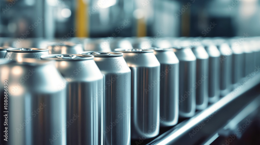 A high angle view of silver beer cans moving along a conveyor belt in a modern factory, showcasing a bustling production line A high angle view of silver beer cans moving along a conveyor belt in a modern factory, showcasing a bustling production line