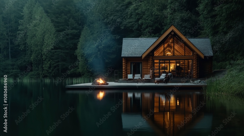 Log cabin by a tranquil forest lake with fire pit on wooden deck, soft lighting reflecting on water, surrounded by dense wooded area Log cabin by a tranquil forest lake with fire pit on wooden deck, soft lighting reflecting on water, surrounded by dense wooded area