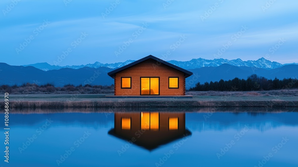 A serene wooden cabin by a calm lake, reflecting the mountains in the background under a twilight sky. A serene wooden cabin by a calm lake, reflecting the mountains in the background under a twilight sky.