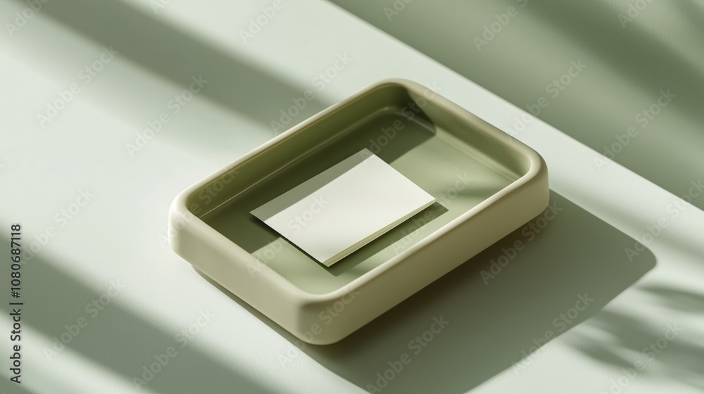 A minimalist close-up shot of a white business card resting inside a tray with earthy green tones. A minimalist close-up shot of a white business card resting inside a tray with earthy green tones.