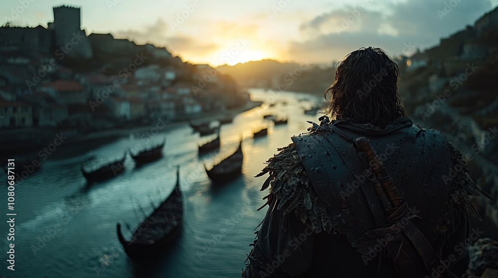 Fototapeta premium Medieval Warrior Overlooking Viking Ships at Sunrise, Cinematic Back View Over a Serene River in an Ancient City