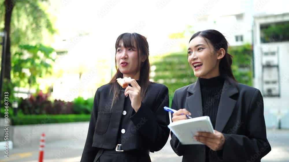Two young Asian businesswomen outside their company with a skyscraper in the background. Two young Asian businesswomen outside their company with a skyscraper in the background.
