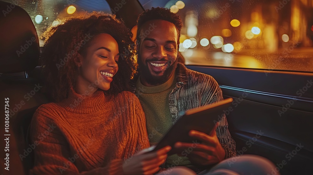 Happy Couple Looking at a Tablet in a Car at Night