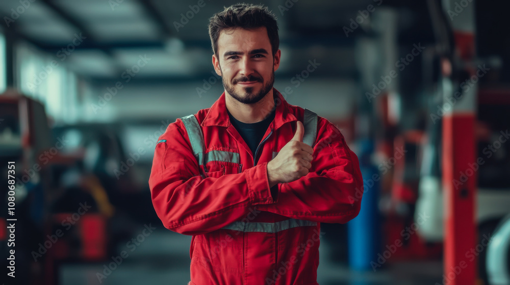 A confident young man in a red jumpsuit gives a thumbs-up in a well-lit workshop during daylight hours A confident young man in a red jumpsuit gives a thumbs-up in a well-lit workshop during daylight hours