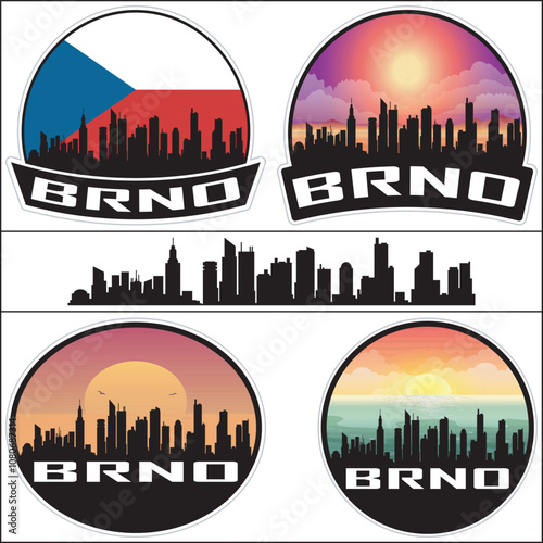 Brno Czech Flag Skyline Cityscape Silhouette Travel Souvenir Sticker Isolated Vector