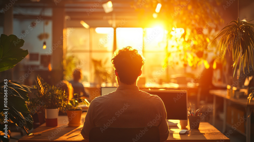 A person sits at a desk and enjoys the sunset illuminating a modern office filled with greenery and coworkers engaged in work