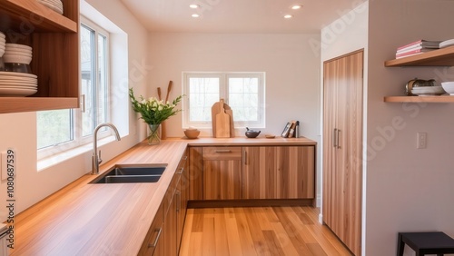 Modern Kitchen with Wooden Counters and Natural Lighting, Perfect for Cooking and Entertaining