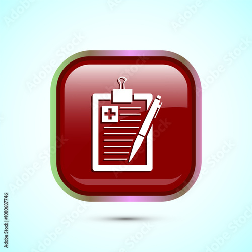 Medical report icon design illustration, Diagnosis report icon, Medical prescription. Red Color Square Button Design