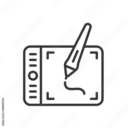 Graphic tablet, icon in line design. Graphic, tablet, digital, drawing, pen, stylus, screen on white background vector. Graphic tablet editable stroke icon