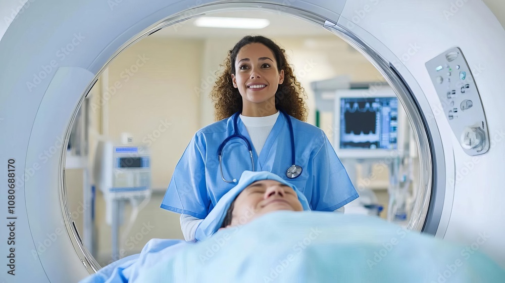 Radiology technician positioning a patient for a CT scan, medical imaging, patient comfort Radiology technician positioning a patient for a CT scan, medical imaging, patient comfort