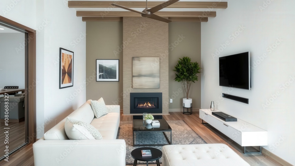 Fototapeta premium Modern Living Room with White Sofa, Fireplace, and TV - Perfect for Relaxation and Entertainment