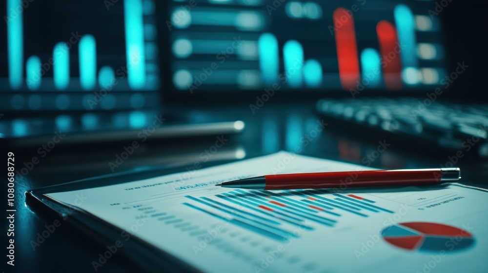 Business analytics report with graphs, pen, and keyboard on a desk, highlighting financial data and insights. Business analytics report with graphs, pen, and keyboard on a desk, highlighting financial data and insights.