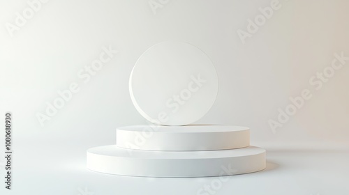 Minimalistic centerpiece featuring a floating circular disc above white podiums.