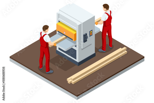 Isometric carpenter planer and thickness machine. A thickness planer or planer. Woodworking machine to trim boards to a consistent thickness throughout their length. Woodworking tools