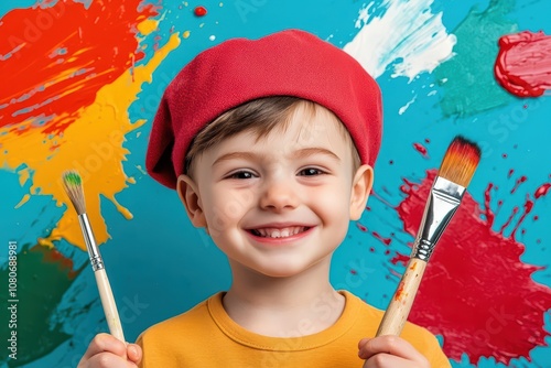 Cheerful child artist with paintbrushes, colorful background, creative expression, joyful painting experience. photo