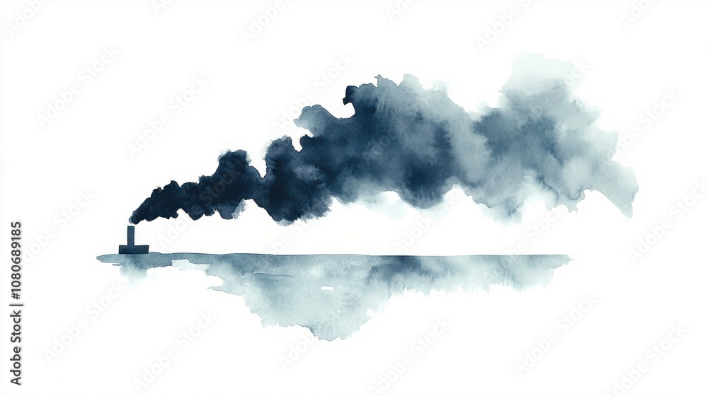 Smoke billowing from a factory, water reflection, white isolate background. Smoke billowing from a factory, water reflection, white isolate background.