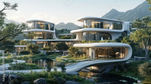 Modern, futuristic homes with curved architecture, surrounded by lush greenery and a pond, nestled in a mountainous landscape.
