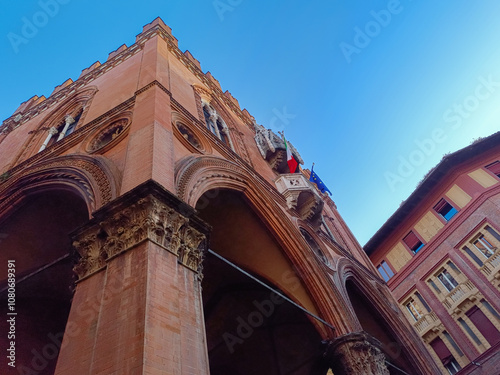 Perspective of the Palazzo della Mercanzia the Chamber of Commerce of Bologna in Gothic style, ITALY photo