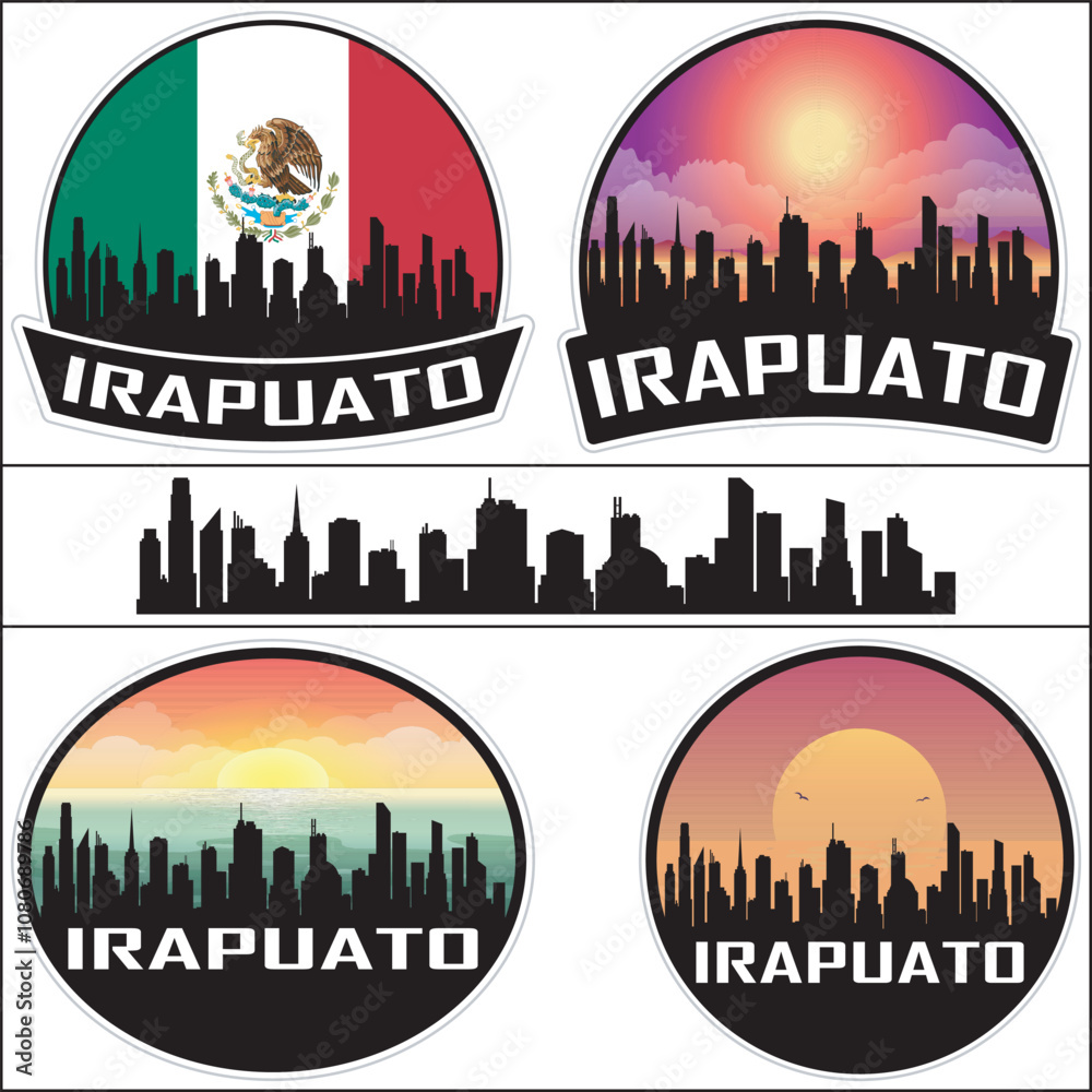 Obraz premium Irapuato Mexico Flag Skyline Cityscape Silhouette Travel Souvenir Sticker Isolated Vector