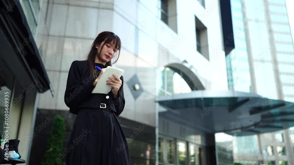 Two young Asian businesswomen outside their company with a skyscraper in the background. Two young Asian businesswomen outside their company with a skyscraper in the background.