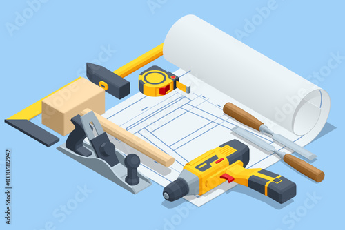 Isometric Carpentry tools or Woodworking tools. Miter box, Mallet, Tape measure, Chisel, Screwdriver and woodworkers plane carpentry chisel