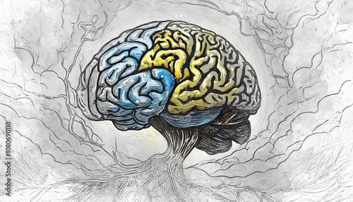 Anatomy of the human brain, showcasing intricate neural structures and creativity in an artistic style, generative ai illustration