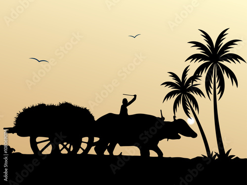 A scenario of a winter morning cowboy with a bullock cart