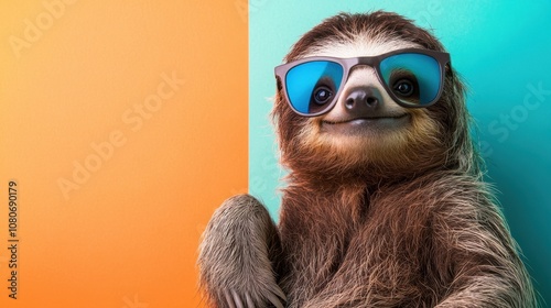 Sloth in sunglasses, relaxed and smiling on a multicolored backdrop, creating a whimsical and carefree mood.