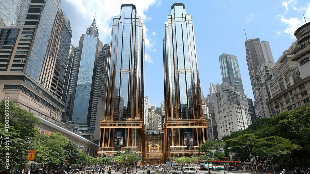 Obraz premium Modern skyscrapers tower over bustling city streets, with greenery at the forefront and a backdrop of blue sky, showcasing urban architecture and lifestyle in a vibrant metropolis.