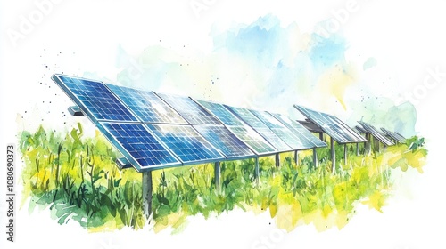 Solar panels in a green field with a bright sky painted in watercolor style