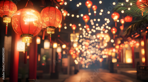 Festive lanterns illuminate a bustling street during a vibrant night celebration in an Asian cultural festival