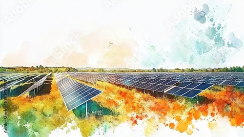 Solar panels in a vibrant landscape with watercolor effects, bright sunlight.