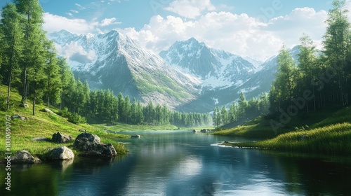 A breathtaking landscape featuring a serene lake surrounded by lush greenery and majestic snow-capped mountains.