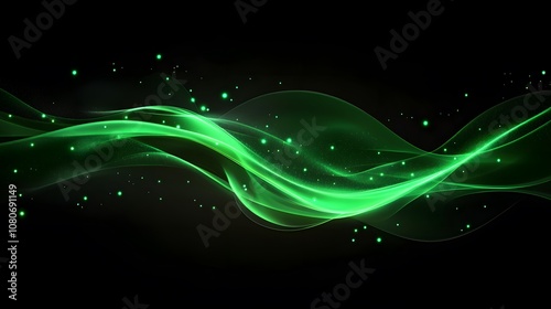 Abstract green digital background with dots and lines, black background, gradient, depth of field effect, dark tones