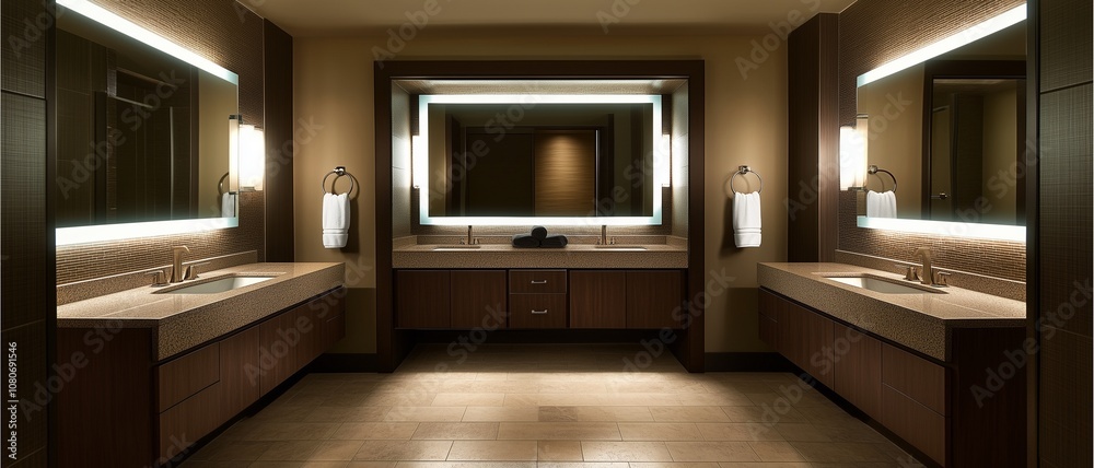 Luxury Bathroom Sanitized, with dual-sink vanity, backlit mirrors, and a freshly polished floor reflecting a clean and organized space. Luxury Bathroom Sanitized, with dual-sink vanity, backlit mirrors, and a freshly polished floor reflecting a clean and organized space.