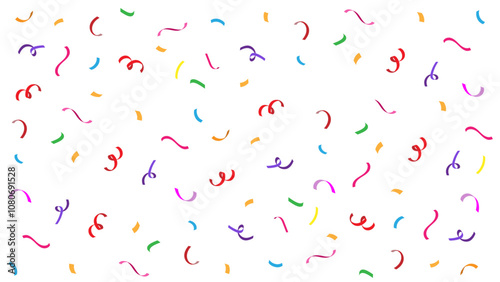 White background with scattered colorful confetti ribbons in various shapes and sizes