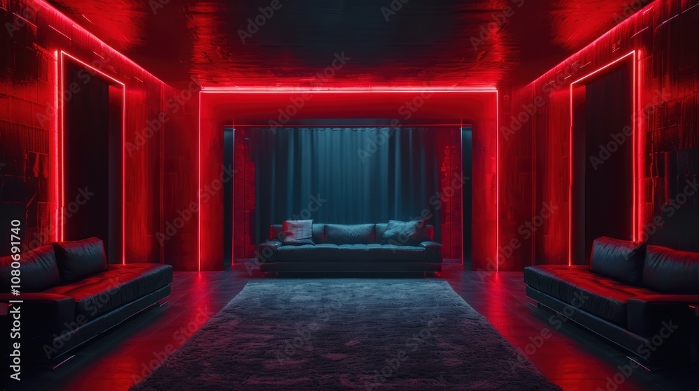 Fototapeta premium A modern living room with red neon lights, dark walls, and three black leather sofas.