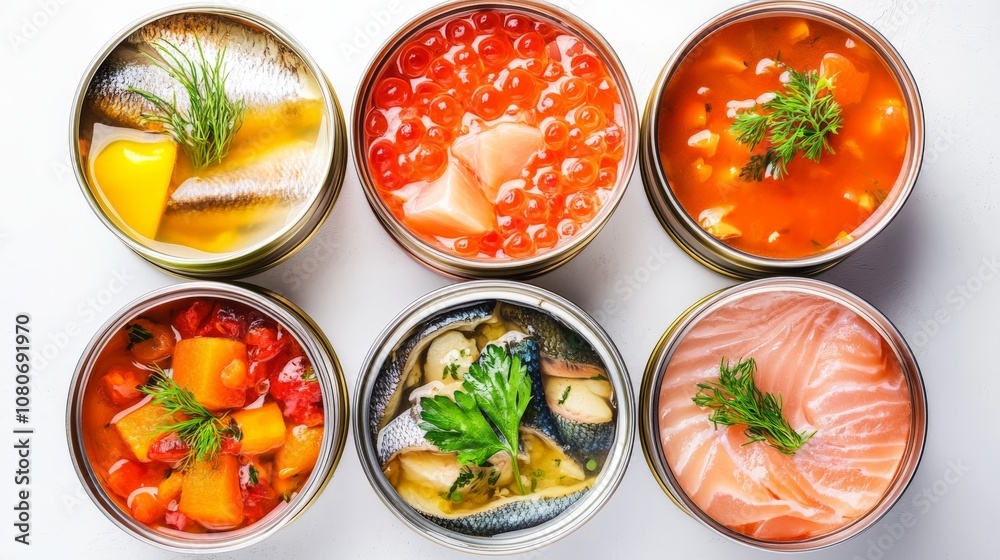 Assorted canned seafood and vegetables with fresh garnish for culinary inspiration